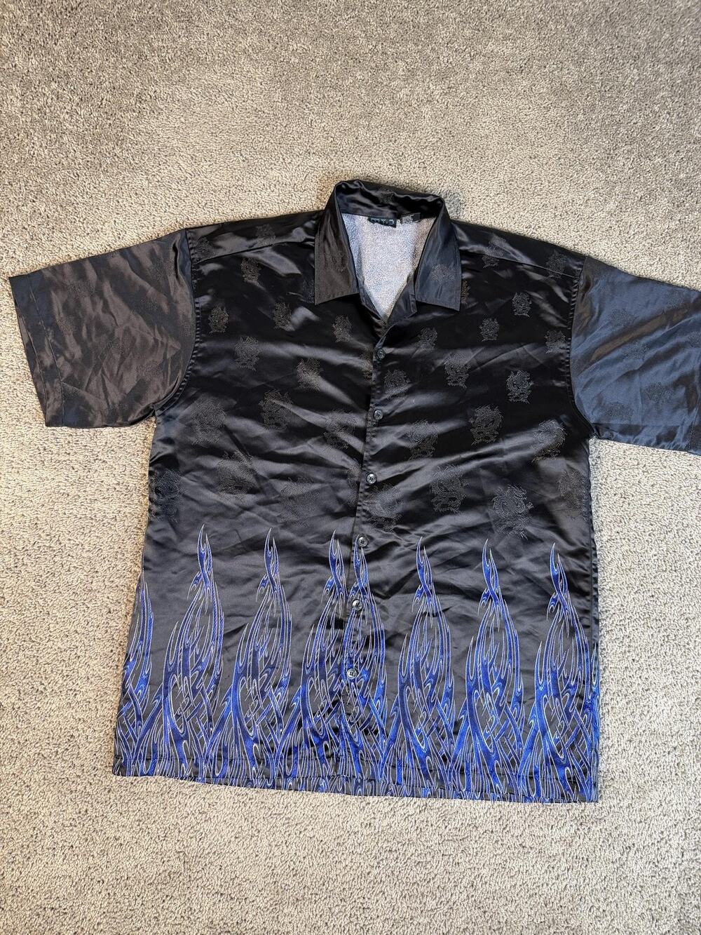 Vintage MI:2 Shirt Mens 2XL Black Satin Dragon Embroidered Flames Skater 90s